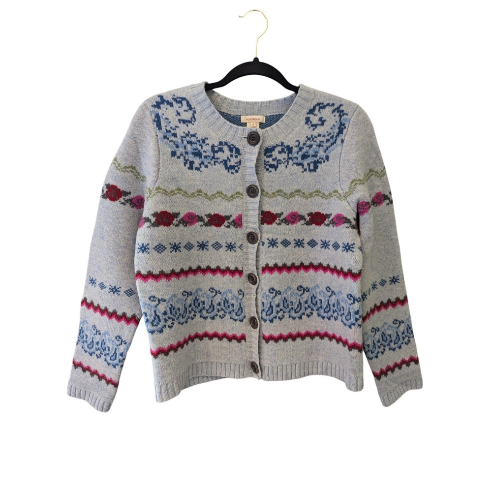 Sundance Womens Multicolor Floral Paisley Button Up Cardigan Lambswool Size S